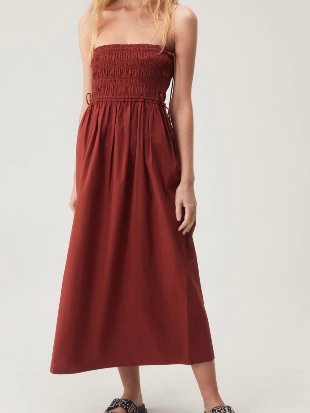 Rust Smocked Strapless Midi Dress